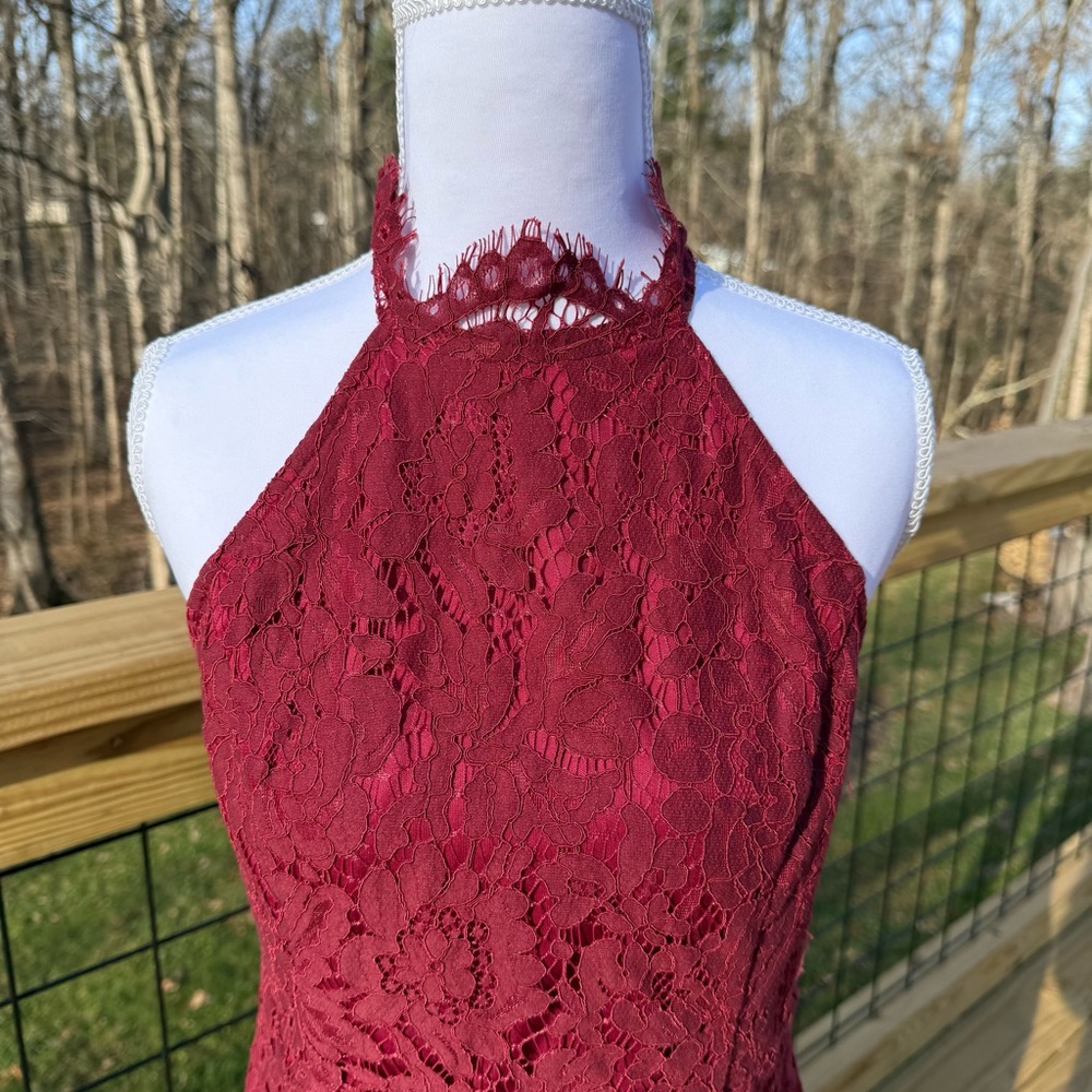 Elegant Reddish/Burgundy Lace Halter Dress - Picture 2 of 6